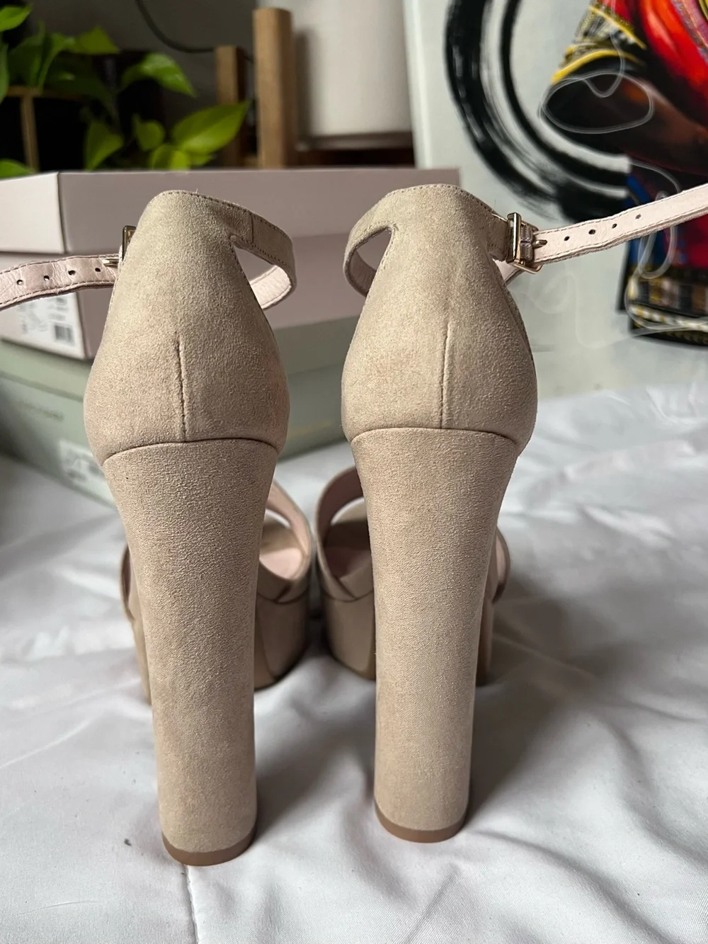 Chinese Laundry Taupe Suede Platform Ankle-Strap Heels